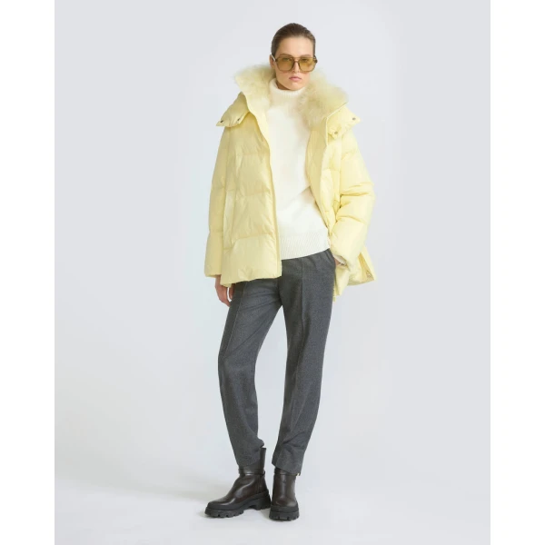 Yves Salomon A-Line Waterproof Down Jacket with Lambswool Trim in Pale Yellow | Coats | Luxury Shoes 