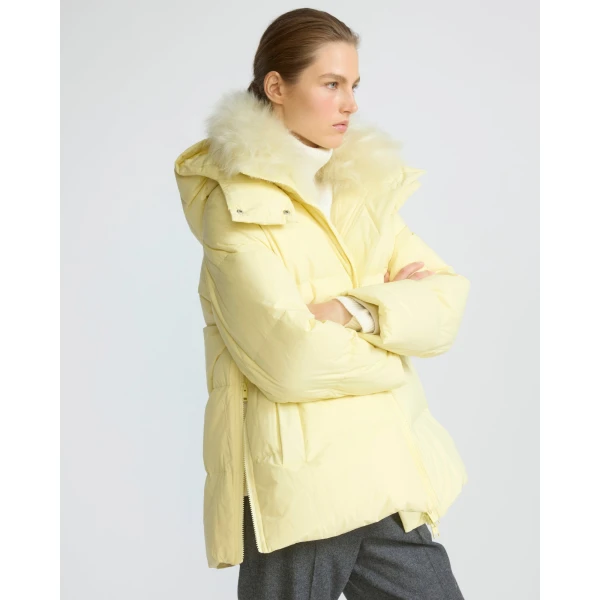 Yves Salomon A-Line Waterproof Down Jacket with Lambswool Trim in Pale Yellow | Coats | Luxury Shoes 