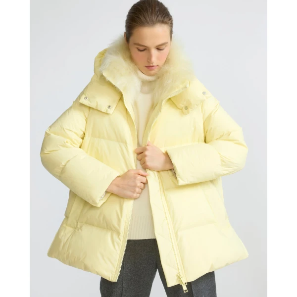 Yves Salomon A-Line Waterproof Down Jacket with Lambswool Trim in Pale Yellow | Coats | Luxury Shoes 