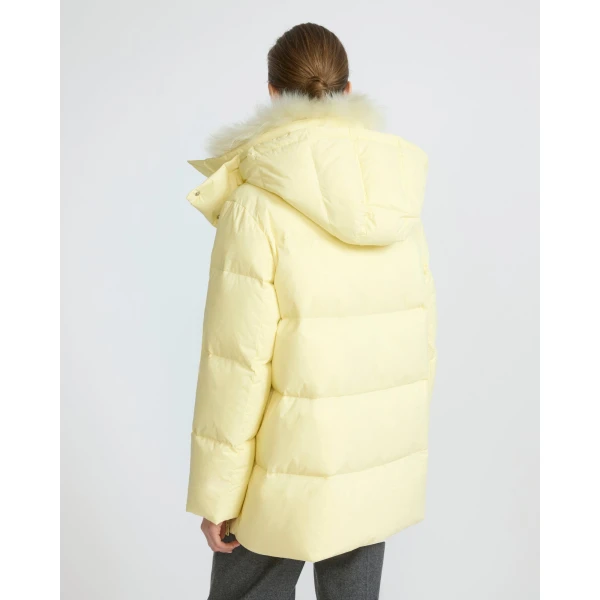 Yves Salomon A-Line Waterproof Down Jacket with Lambswool Trim in Pale Yellow | Coats | Luxury Shoes 