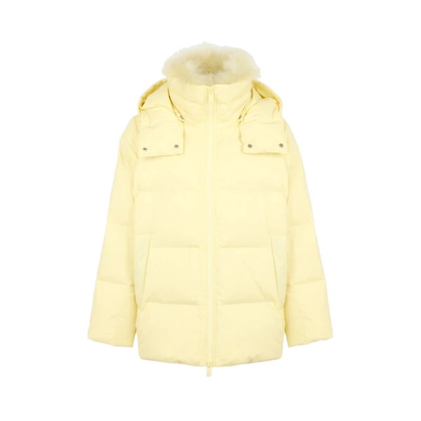 Yves Salomon A-Line Waterproof Down Jacket with Lambswool Trim in Pale Yellow | Women | Luxury Shoes 