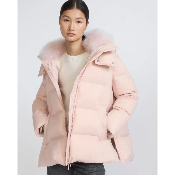Yves Salomon A-Line Waterproof Down Jacket with Lambswool Trim in Pink | Coats | Luxury Shoes 