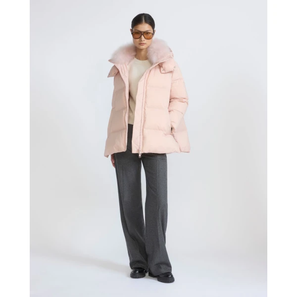 Yves Salomon A-Line Waterproof Down Jacket with Lambswool Trim in Pink | Coats | Luxury Shoes 