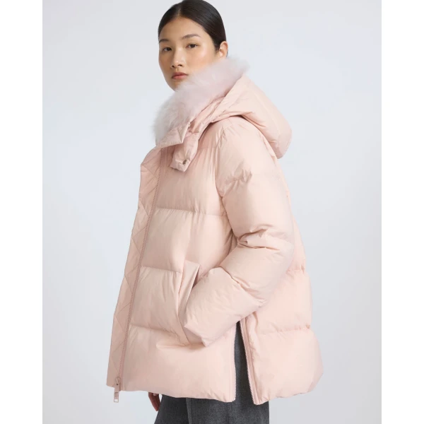 Yves Salomon A-Line Waterproof Down Jacket with Lambswool Trim in Pink | Coats | Luxury Shoes 