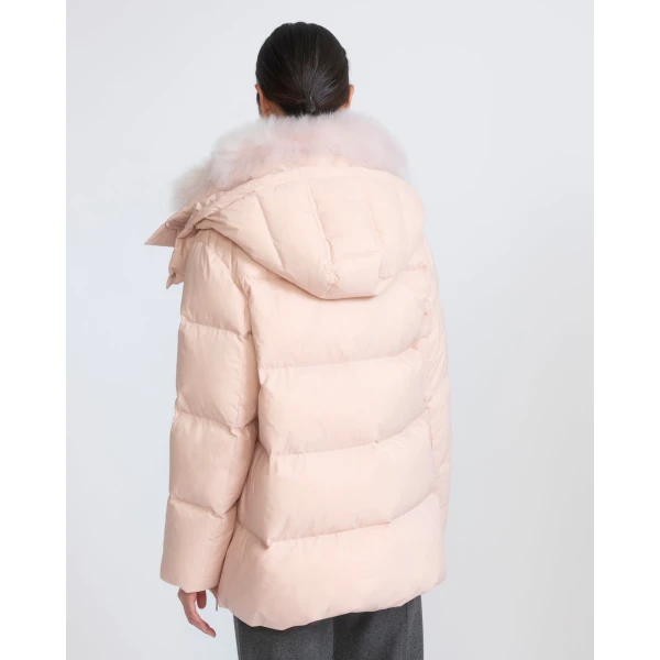 Yves Salomon A-Line Waterproof Down Jacket with Lambswool Trim in Pink | Coats | Luxury Shoes 