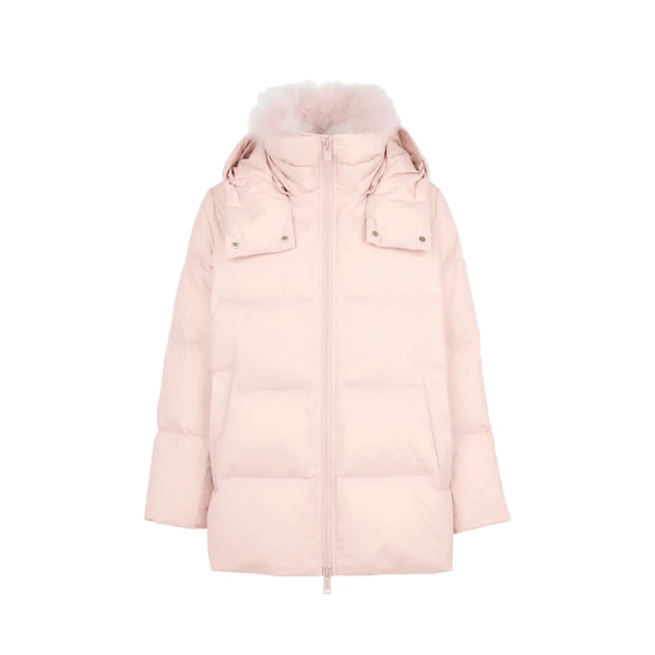 A-Line Waterproof Down Jacket with Lambswool Trim in Pink