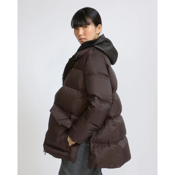 Yves Salomon A-Line Waterproof Down Jacket with Shearling Bib in Brown | Jackets | Luxury Shoes 