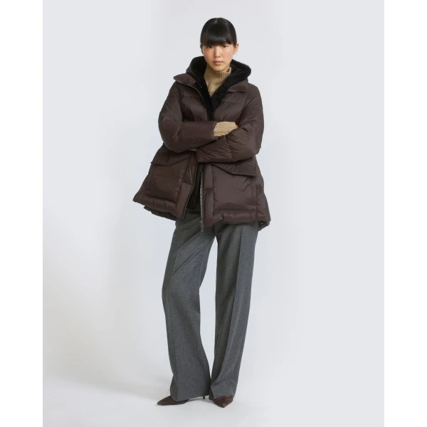 Yves Salomon A-Line Waterproof Down Jacket with Shearling Bib in Brown | Jackets | Luxury Shoes 
