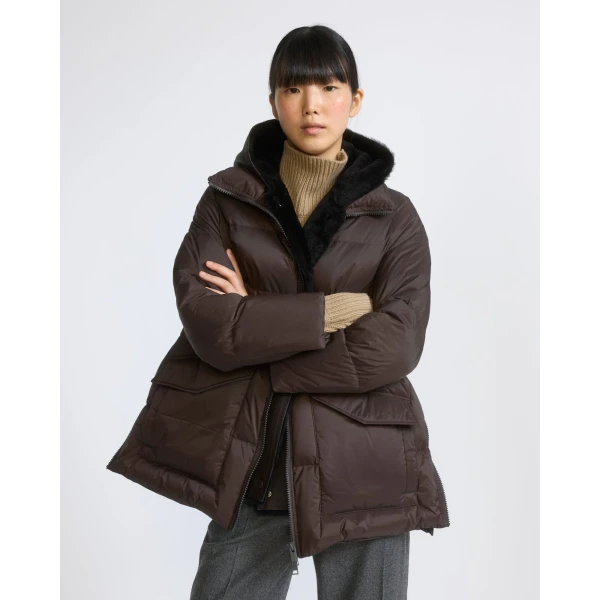 Yves Salomon A-Line Waterproof Down Jacket with Shearling Bib in Brown | Jackets | Luxury Shoes 