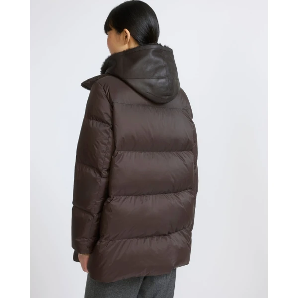 Yves Salomon A-Line Waterproof Down Jacket with Shearling Bib in Brown | Jackets | Luxury Shoes 