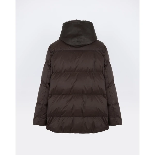 Yves Salomon A-Line Waterproof Down Jacket with Shearling Bib in Brown | Jackets | Luxury Shoes 