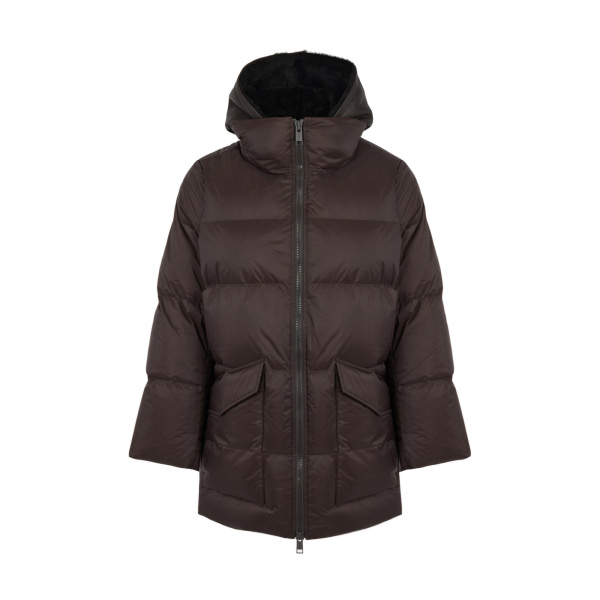 Yves Salomon A-Line Waterproof Down Jacket with Shearling Bib in Brown | Jackets | Luxury Shoes 