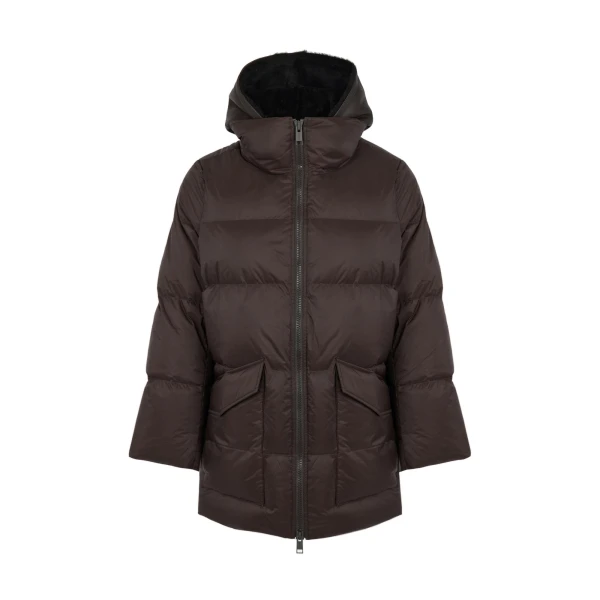 A-Line Waterproof Down Jacket with Shearling Bib in Brown