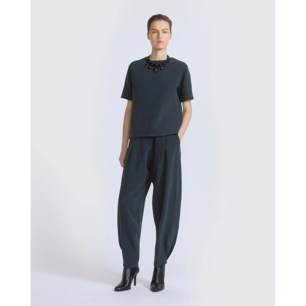 Yves Salomon Balloon Silk Crepe Trousers in Dark Teal | Pants | Luxury Shoes 