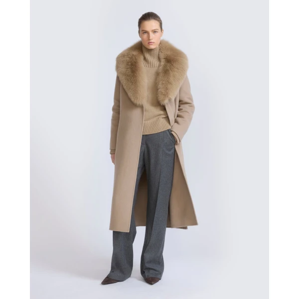 Yves Salomon Belted Cashmere Wool Coat with Fox Fur Collar and Lapels in Beige | Wool Coat | Luxury Shoes 