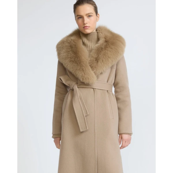 Yves Salomon Belted Cashmere Wool Coat with Fox Fur Collar and Lapels in Beige | Wool Coat | Luxury Shoes 