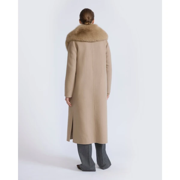 Yves Salomon Belted Cashmere Wool Coat with Fox Fur Collar and Lapels in Beige | Wool Coat | Luxury Shoes 