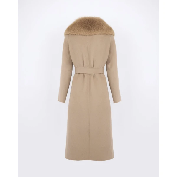 Yves Salomon Belted Cashmere Wool Coat with Fox Fur Collar and Lapels in Beige | Wool Coat | Luxury Shoes 