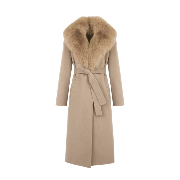 Yves Salomon Belted Cashmere Wool Coat with Fox Fur Collar and Lapels in Beige | Wool Coat | Luxury Shoes 