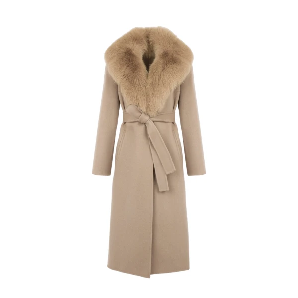 Belted Cashmere Wool Coat with Fox Fur Collar and Lapels in Beige