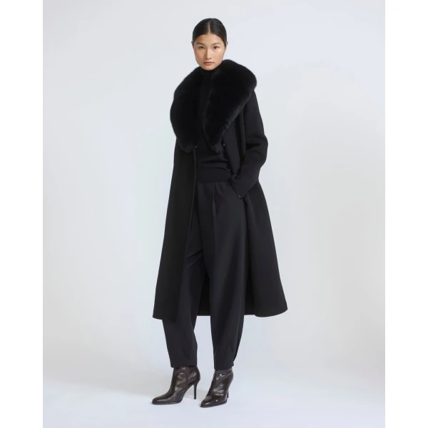 Yves Salomon Belted Cashmere Wool Coat with Fox Fur Collar and Lapels in Black | Wool Coat | Luxury Shoes 