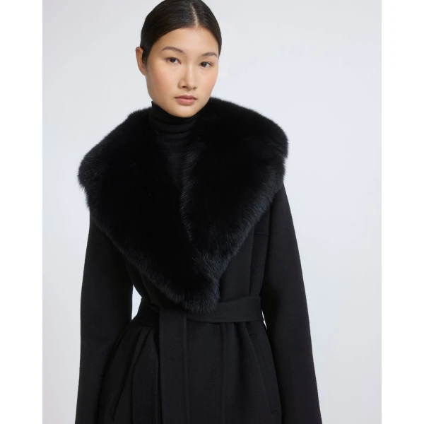 Yves Salomon Belted Cashmere Wool Coat with Fox Fur Collar and Lapels in Black | Wool Coat | Luxury Shoes 