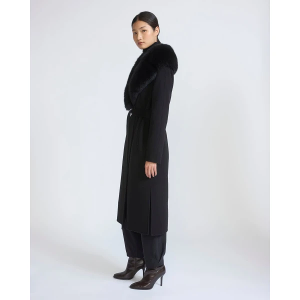Yves Salomon Belted Cashmere Wool Coat with Fox Fur Collar and Lapels in Black | Wool Coat | Luxury Shoes 