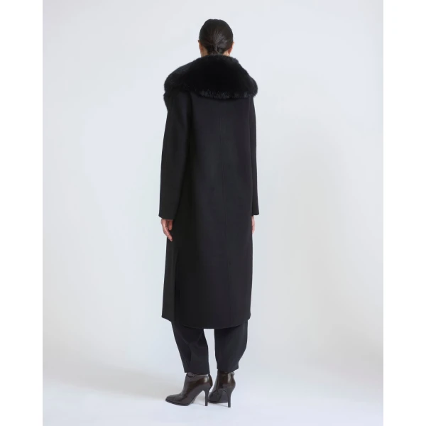 Yves Salomon Belted Cashmere Wool Coat with Fox Fur Collar and Lapels in Black | Wool Coat | Luxury Shoes 