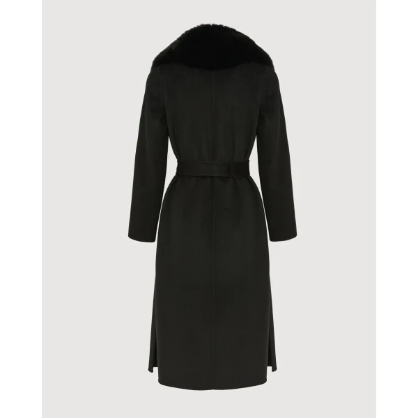 Yves Salomon Belted Cashmere Wool Coat with Fox Fur Collar and Lapels in Black | Wool Coat | Luxury Shoes 