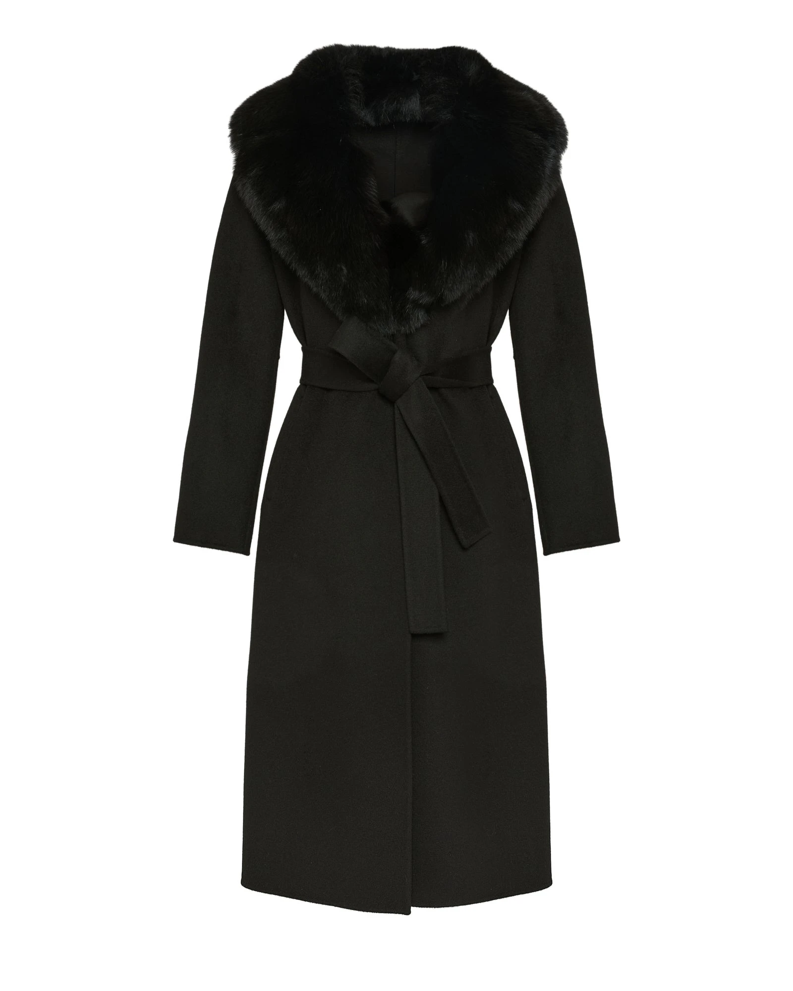 Yves Salomon Belted Cashmere Wool Coat with Fox Fur Collar and Lapels in Black Yves Salomon Belted Cashmere Wool Coat with Fox Fur Collar and Lapels in Black | Wool Coat | Luxury Shoes