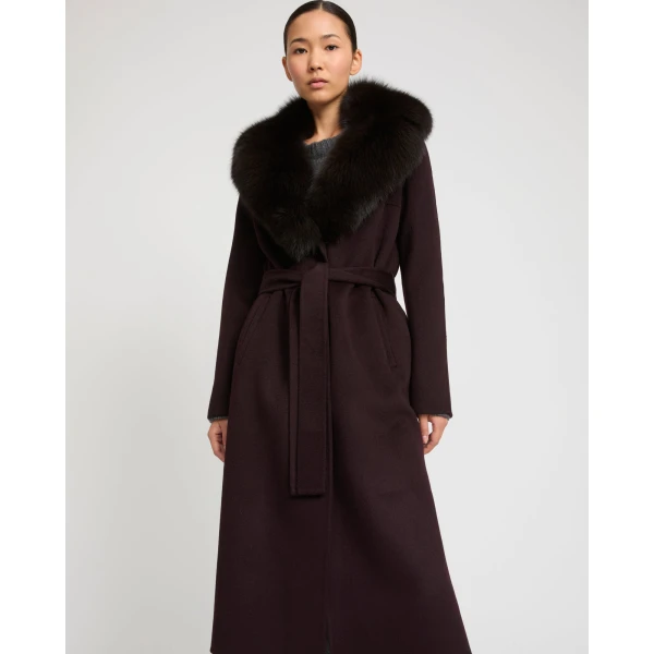 Yves Salomon Belted Cashmere Wool Coat with Fox Fur Collar and Lapels in Bordeaux | Wool Coat | Luxury Shoes 