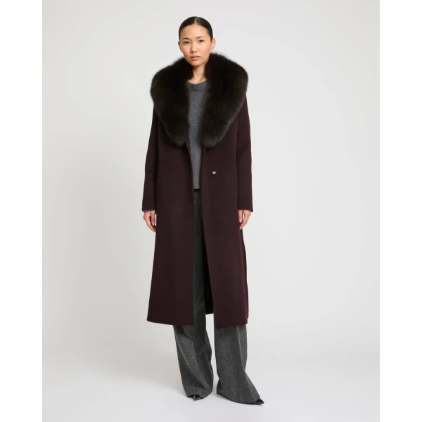 Yves Salomon Belted Cashmere Wool Coat with Fox Fur Collar and Lapels in Bordeaux | Wool Coat | Luxury Shoes 