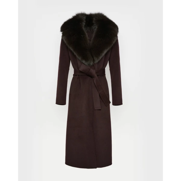 Yves Salomon Belted Cashmere Wool Coat with Fox Fur Collar and Lapels in Bordeaux | Wool Coat | Luxury Shoes 