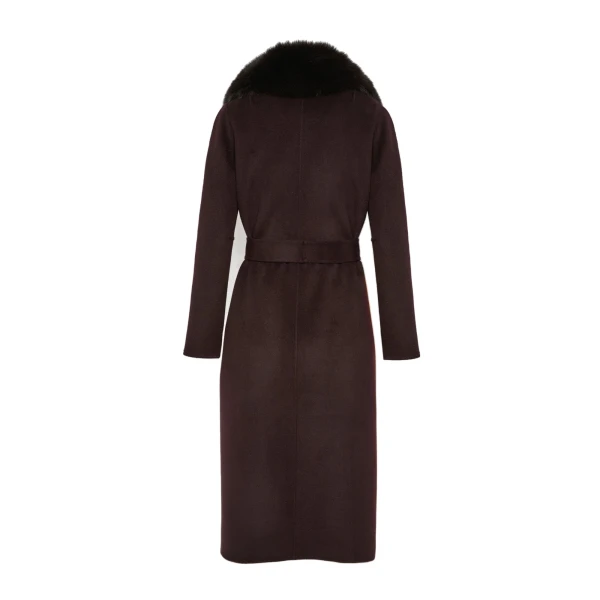 Belted Cashmere Wool Coat with Fox Fur Collar and Lapels in Bordeaux