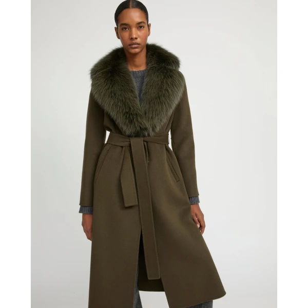 Yves Salomon Belted Cashmere Wool Coat with Fox Fur Collar and Lapels in Khaki | Wool Coat | Luxury Shoes 