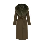 Yves Salomon Belted Cashmere Wool Coat with Fox Fur Collar and Lapels in Khaki | Wool Coat | Luxury Shoes 