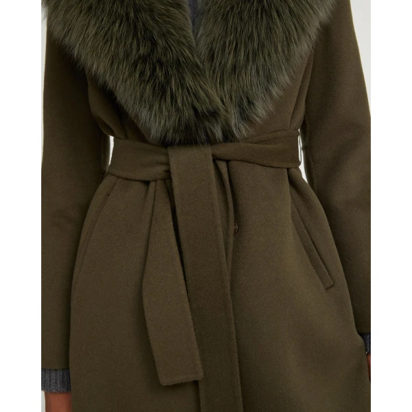 Yves Salomon Belted Cashmere Wool Coat with Fox Fur Collar and Lapels in Khaki | Wool Coat | Luxury Shoes 