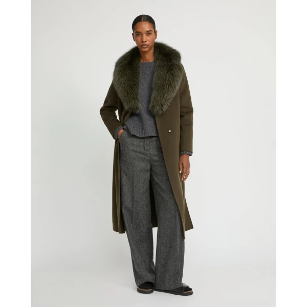 Yves Salomon Belted Cashmere Wool Coat with Fox Fur Collar and Lapels in Khaki | Wool Coat | Luxury Shoes 