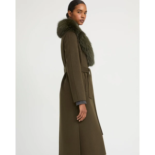 Yves Salomon Belted Cashmere Wool Coat with Fox Fur Collar and Lapels in Khaki | Wool Coat | Luxury Shoes 