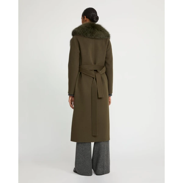 Yves Salomon Belted Cashmere Wool Coat with Fox Fur Collar and Lapels in Khaki | Wool Coat | Luxury Shoes 