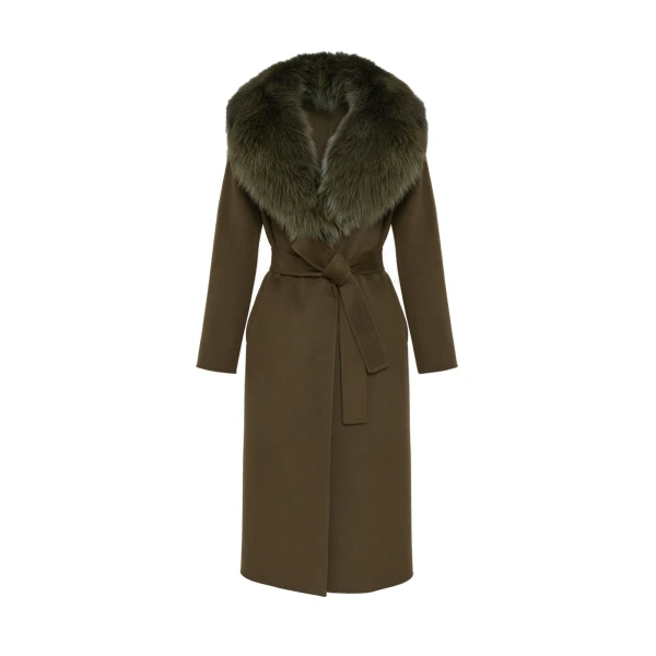 Belted Cashmere Wool Coat with Fox Fur Collar and Lapels in Khaki