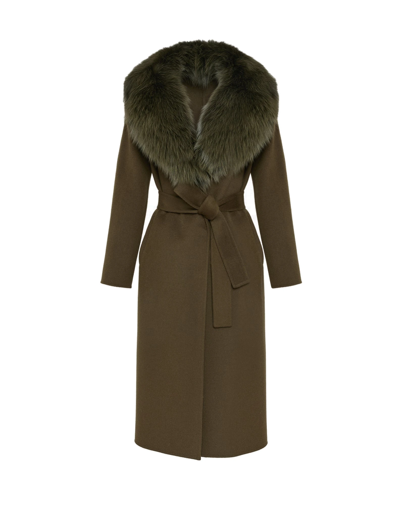 Yves Salomon Belted Cashmere Wool Coat with Fox Fur Collar and Lapels in Khaki Yves Salomon Belted Cashmere Wool Coat with Fox Fur Collar and Lapels in Khaki | Wool Coat | Luxury Shoes