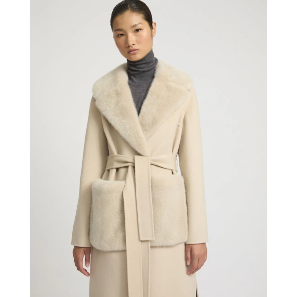 Yves Salomon Belted Cashmere Wool Coat with Mink Collar and Over-Pockets in Beige | Wool Coat | Luxury Shoes 