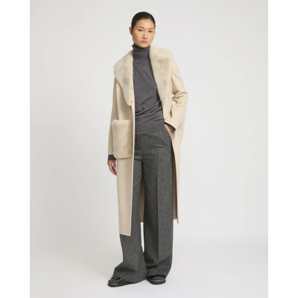 Yves Salomon Belted Cashmere Wool Coat with Mink Collar and Over-Pockets in Beige | Wool Coat | Luxury Shoes 