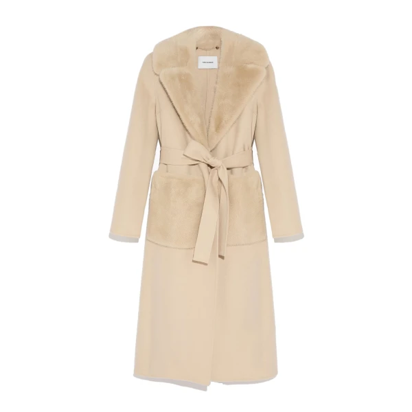 Belted Cashmere Wool Coat with Mink Collar and Over-Pockets in Beige
