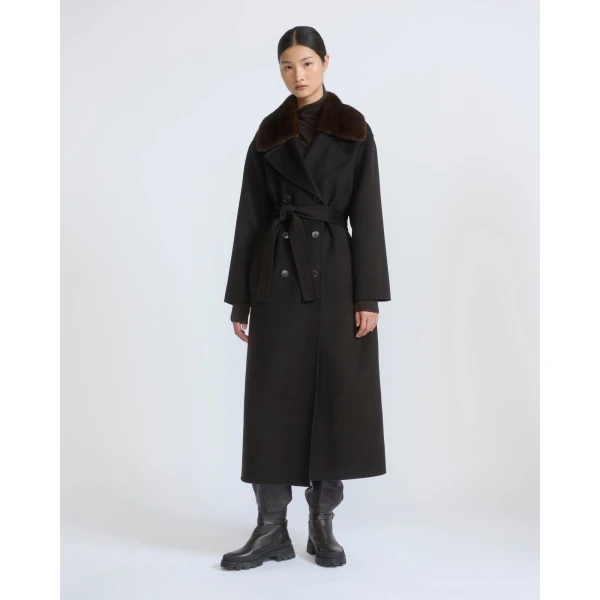 Yves Salomon Belted Cashmere Wool Coat with Mink Fur Collar in Brown | Wool Coat | Luxury Shoes 