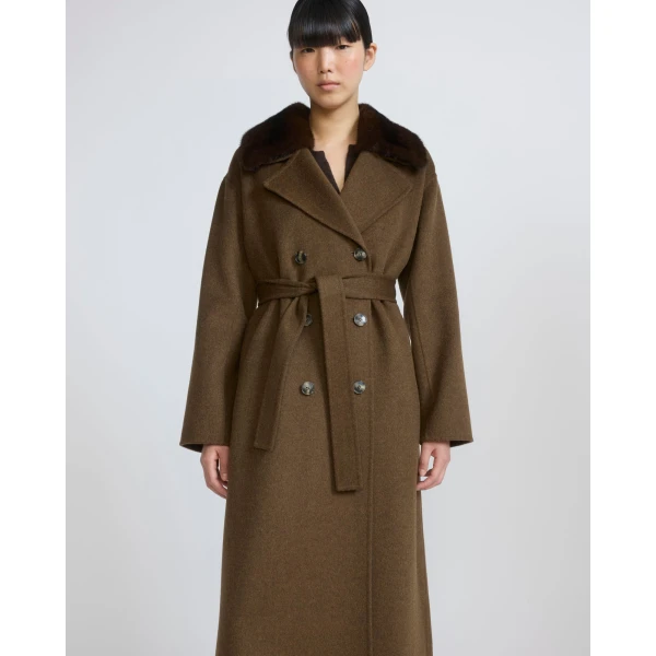 Yves Salomon Belted Cashmere Wool Coat with Mink Fur Collar in Brown | Wool Coat | Luxury Shoes 