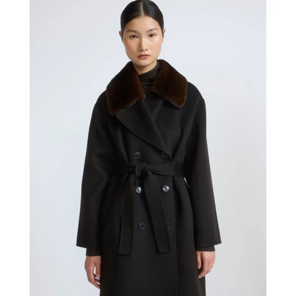 Yves Salomon Belted Cashmere Wool Coat with Mink Fur Collar in Brown | Wool Coat | Luxury Shoes 