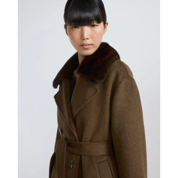 Yves Salomon Belted Cashmere Wool Coat with Mink Fur Collar in Brown | Wool Coat | Luxury Shoes 