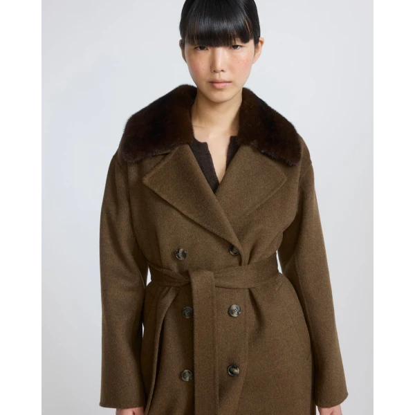 Yves Salomon Belted Cashmere Wool Coat with Mink Fur Collar in Brown | Wool Coat | Luxury Shoes 